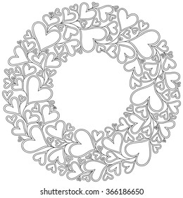 Pattern with hand drawn monochrome hearts in zentangle style. Pattern for coloring book. Coloring page for adult anti stress. Made by trace from sketch. Valentine's day background.