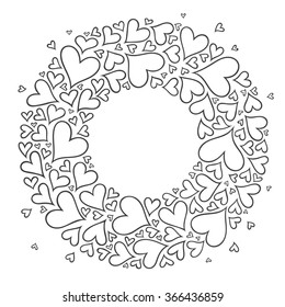 Pattern with hand drawn monochrome hearts in zentangle style. Pattern for coloring book. Coloring page for adult anti stress. Made by trace from sketch. Valentine's day background.