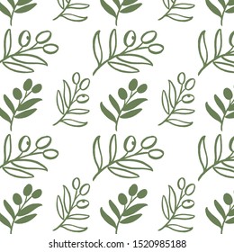Pattern with hand drawn olive branch. Perfect design for posters, cards, textile, web pages.Olive oil package.