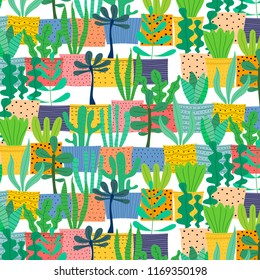 Pattern With Hand Drawn Plants In Pots. Vector Illustration Background.	