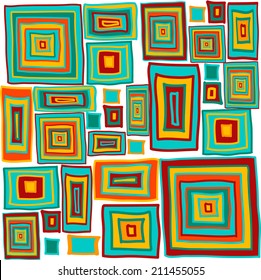 pattern with hand drawn rectangles and squares on a white background in red, blue and yellow colors, vector illustration