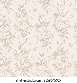 Pattern with hand drawn rose flowers in neutral pastel beige colors. Can be used for wallpaper, pattern fills, textile, web page background, surface textures