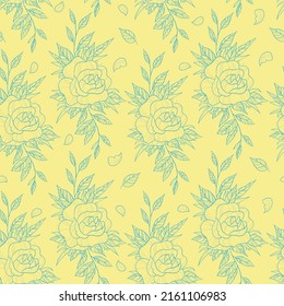 Pattern with hand drawn rose flowers in blue and yellow color. Can be used for wallpaper, pattern fills, textile, web page background, surface textures