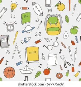 Pattern with hand drawn school items. Design element for for wrapping paper, textile, fabric, wallpaper. Back to school theme.