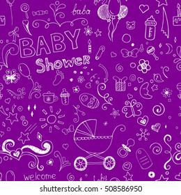 Pattern of hand drawn sketch accessories, element, toys for newborn baby, baby shower, children dream. Comic funny style. Vector doodle illustration.