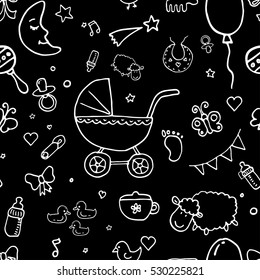 Pattern of hand drawn sketch accessories, element, toys for newborn baby, baby shower, children dream. Comic funny style. Vector doodle illustration.