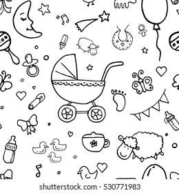 Pattern of hand drawn sketch accessories, element, toys for newborn baby, baby shower, children dream. Comic funny style. Vector doodle illustration.