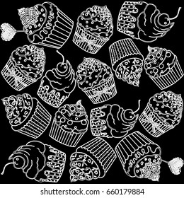 Pattern of hand drawn sketch style cupcakes. Vector illustration on black background.