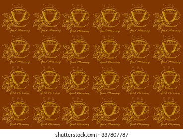 pattern with hand drawn sketchy coffee and good morning lettering