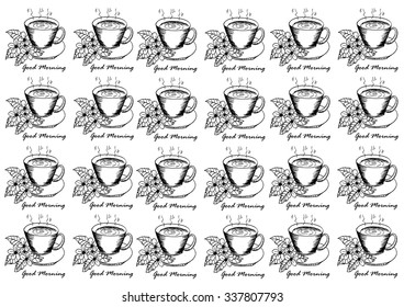 pattern with hand drawn sketchy coffee and good morning lettering