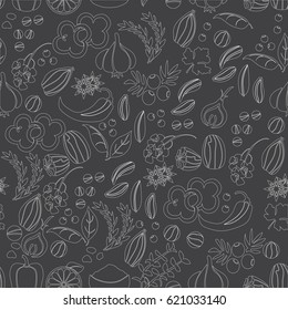 Pattern with hand drawn spices and herbs. Medicinal, cosmetic, culinary plants