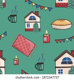 Pattern in hand drawn style with candles, pie, mug and cup of tea on green background. Winter house seamless vector. Christmas celebration. Doodle art.