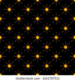 Pattern with hand drawn sun symbol stylized in folk ethnic style of ancient culture. Gold yellow on black background. Seamless design. Great for fabric, scrapbooking and textile.  Vector
