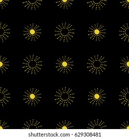 Pattern with hand drawn sun symbol stylized in folk ethnic style of ancient culture. Gold yellow on black background. Seamless design. Vector