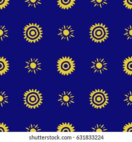 Pattern with hand drawn sun symbol stylized in folk ethnic style of ancient culture. Gold yellow on blue background. Seamless design. Great for fabric, scrapbooking and textile. Vector