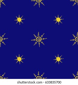 Pattern with hand drawn sun symbol stylized in folk ethnic style of ancient culture. Gold yellow on blue background. Seamless design. Great for fabric, scrapbooking and textile.  Vector