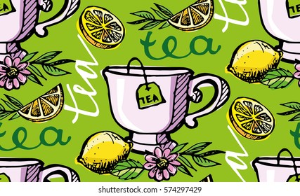 Pattern with Hand drawn tea time collection. Cup of tea and lemon. Vector illustration.