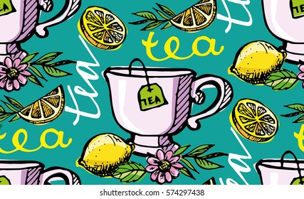 Pattern with Hand drawn tea time collection. Cup of tea and lemon. Vector illustration.