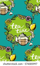 Pattern with Hand drawn tea time collection. Cup and teapot. Vector illustration.Tea time.