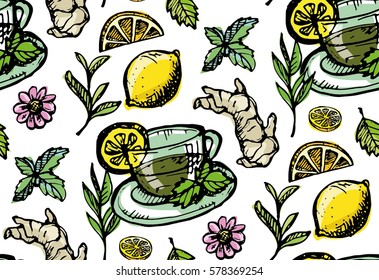 Pattern with Hand drawn tea time collection. Cup of tea and lemon. Vector illustration.