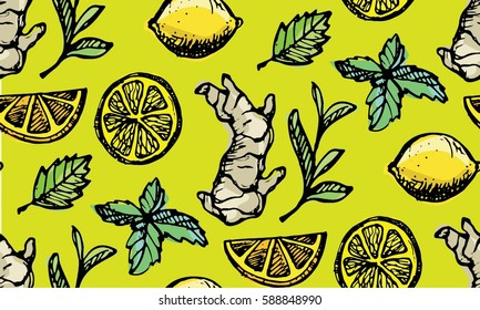 Pattern with Hand drawn tea time collection. Cup of tea and lemon. Vector illustration.