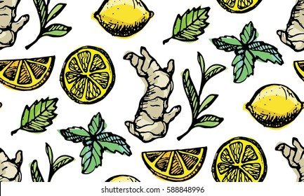 Pattern with Hand drawn tea time collection. Cup of tea and lemon. Vector illustration.