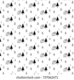 Pattern with hand drawn tree and home.