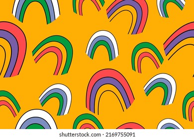 pattern of hand drawn trendy cartoon elements, rainbow icons with different colors, summer retro print