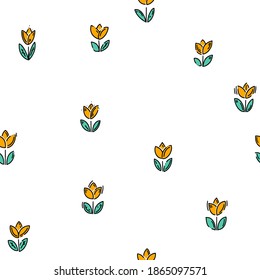 Patrón con tulipanes dibujados a mano en estilo doodle. Tulipanes holandeses. Patrón infantil. Para imprimir, afiche, símbolo, diseño, decoración, textil, papel. Imagen vectorial, clipart, detalles editables.