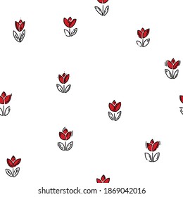 Pattern with hand drawn tulips in doodle style. Dutch tulips. Childrens pattern. For print, poster, symbol, design, decor, textile, paper. Vector image, clipart, editable details.