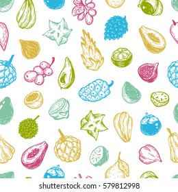 Pattern with hand drawn vector exotic fruits. Tropical fruits, seamless pattern. The most popular exotic plants. Dragon fruit, papaya, starfruit.