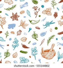 Pattern with hand drawn vector spices and herbs. Medicinal, cosmetic, culinary plants. Seeds, branches, flowers and leaves. Different types of condiment. 