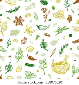 Pattern with hand drawn vector spices and herbs. Medicinal, cosmetic, culinary plants. Seeds, branches, flowers and leaves. Different types of condiment. 