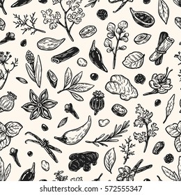 Pattern with hand drawn vector spices and herbs. Medicinal, cosmetic, culinary plants. Seeds, branches, flowers and leaves. Different types of condiment. 