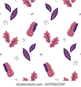 Pattern of hand drawn vector tropical pink leaves. Botanical green foliage elements. Exotic leaves and branches in minimalistic flat style isolated on white.	
