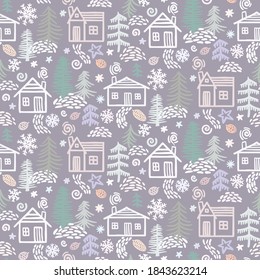 Pattern of hand drawn winter forest elements. Christmas design background. Colors Illustration with houses, winter forest, snowflakes, drifts, pines, trees, cones, berry, bushes, stars.
