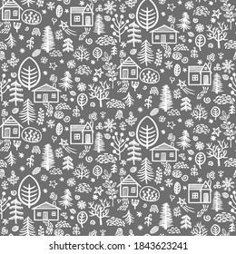Pattern of hand drawn winter forest elements. Christmas design background. Illustration with houses, winter forest, snowflakes, drifts, pines, trees, cones, berry, bushes, stars.