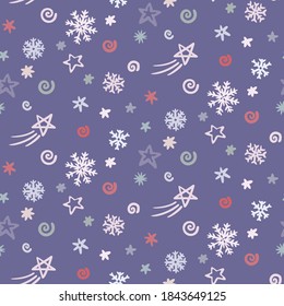 Pattern of hand drawn winter sky elements. Christmas design background. Colors Illustration with sky, snowflakes and stars  night.