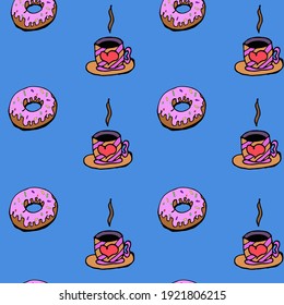 Pattern hand drawning on the blue background with donats and tea, for packaging gifts, menu