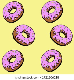 Pattern hand drawning on the yellow background with donats, for packaging gifts, menu