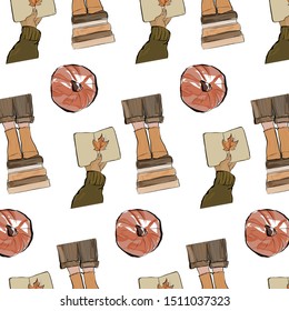 Pattern with hand holding a book, legs standing on a stack of magazines, a pumpkin. Hand drawn watercolor set