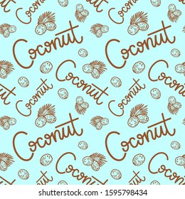 Pattern with hand lettering Coconut for wallpaper, paper, textile. Hand drawn coconuts on blue background. Digital paper. Different hand drawn scripts. Eco pattern for paper.