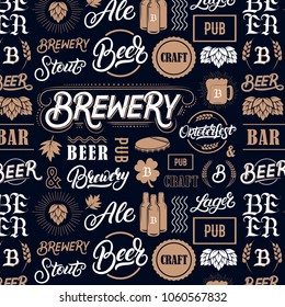 Pattern with hand written lettering words: beer, brewery, pub, ale, stout, lager, oktoberfest. Vintage style pattern for bar, menu, pub, brewing and beer theme. Vector illustration.