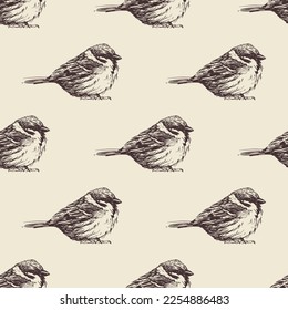 Pattern of hand-drawn birds on a milky background for printing and decoration. Vector illustration.