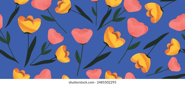 Pattern with hand-drawn bright flowers on a blue background. Seamless floral background. Vector.