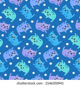 Pattern with hand-drawn cats. Cute cartoon kittens for boys, girls. Childish seamless print with blue pets for sweet baby bedding fabrics. Nice animals for nursery wallpaper, infant textile products.