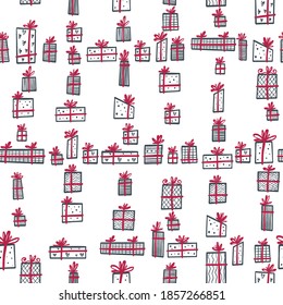 Pattern with hand-drawn Christmas presents. Illustration in a Scandinavian, minimalistic style. For backgrounds, packaging, textile and various other designs.