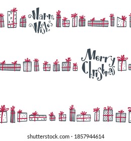 Patrón con regalos de Navidad dibujados a mano. Ilustración en un estilo escandinavo, minimalista. Para fondos, embalaje, textiles y otros diseños.