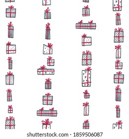 Pattern with hand-drawn Christmas presents. Illustration in a Scandinavian, minimalistic style. For backgrounds, packaging, textile and various other designs.