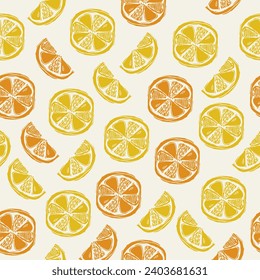 Patrón con cítricos dibujados a mano. Fondo con cítricos en colores amarillo y naranja. Patrón transparente de verano vectorial para banners, tarjetas, volantes, 
